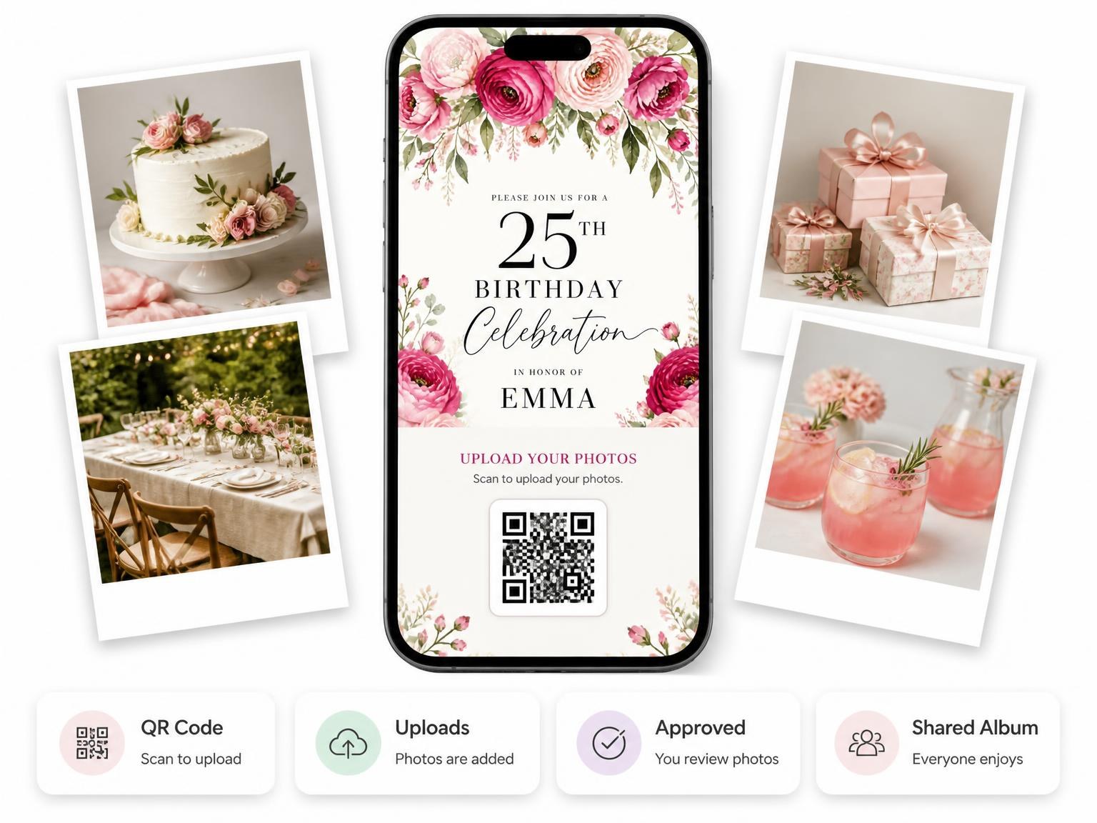 The shared photo gallery that comes with the Fuchsia Ranunculus Arch 25th Birthday Invitation invitation