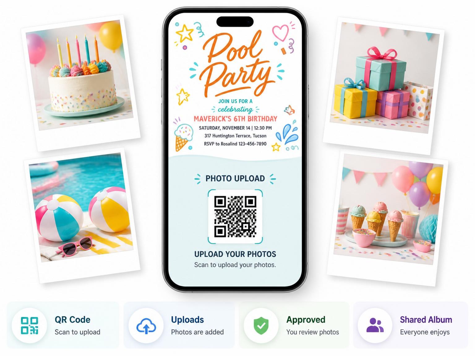 The shared photo gallery that comes with the Colorful Doodle Pool 6th Birthday invitation