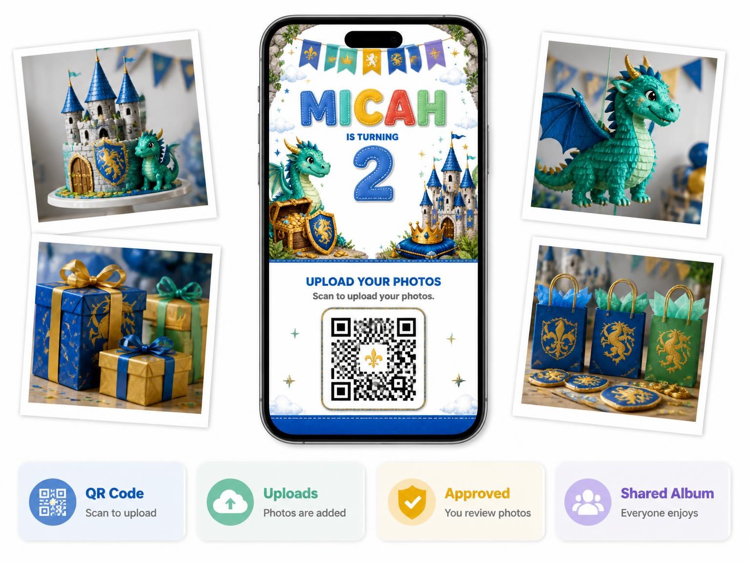 The shared photo gallery that comes with the Stitched Dragon Castle 2nd Birthday Invitation invitation