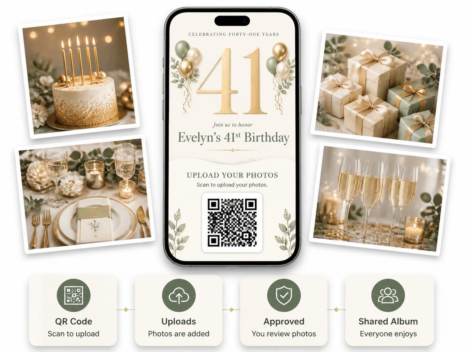 The shared photo gallery that comes with the Sage and Ivory 41st Birthday Invitation invitation