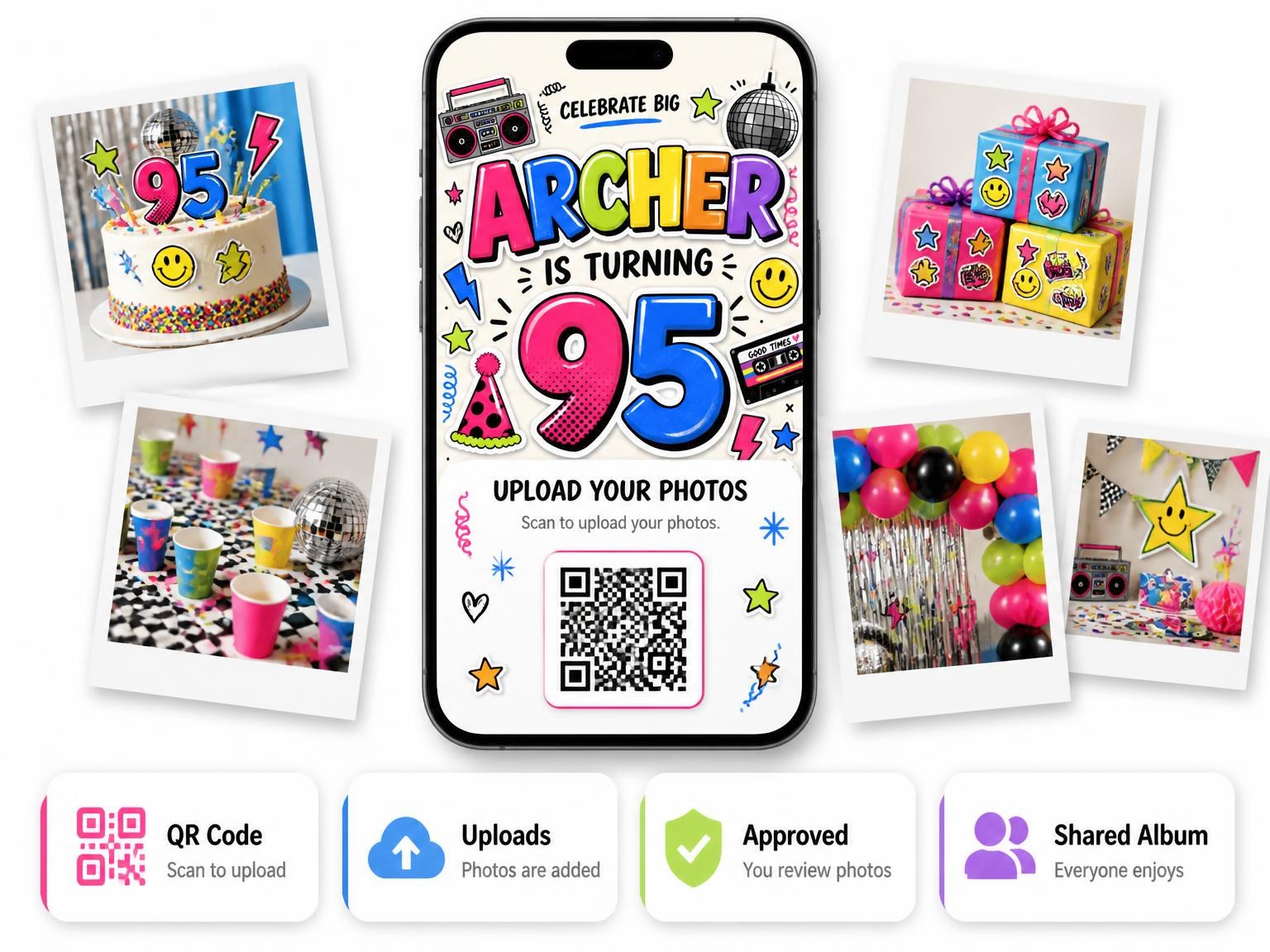 The shared photo gallery that comes with the Sticker Pop 95th Birthday Invitation invitation
