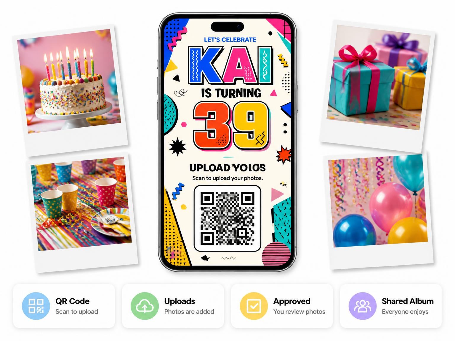 The shared photo gallery that comes with the Memphis Pop 39th Birthday Invitation invitation