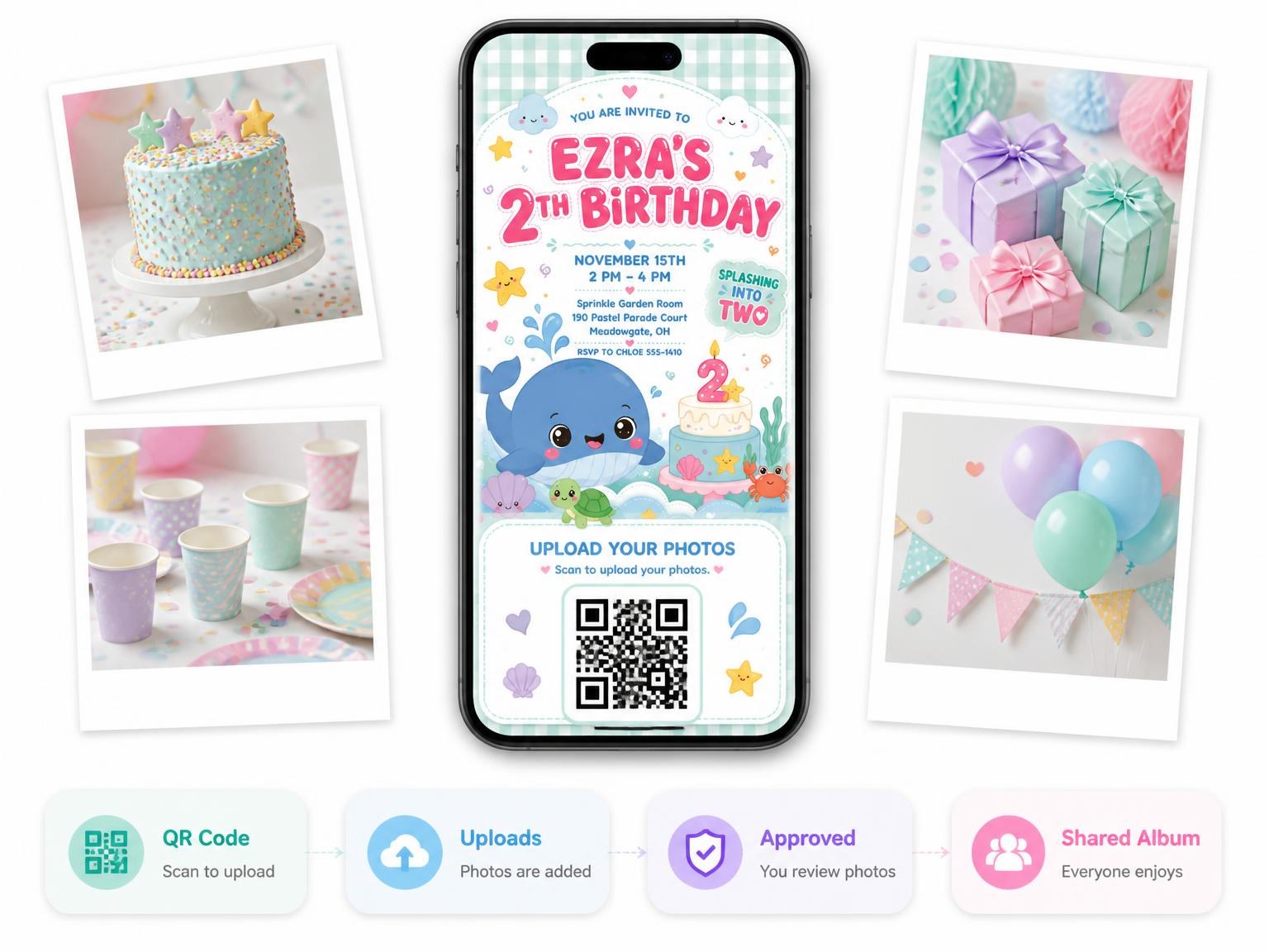 The shared photo gallery that comes with the Sea Creatures Kawaii 2nd Birthday Invitation invitation