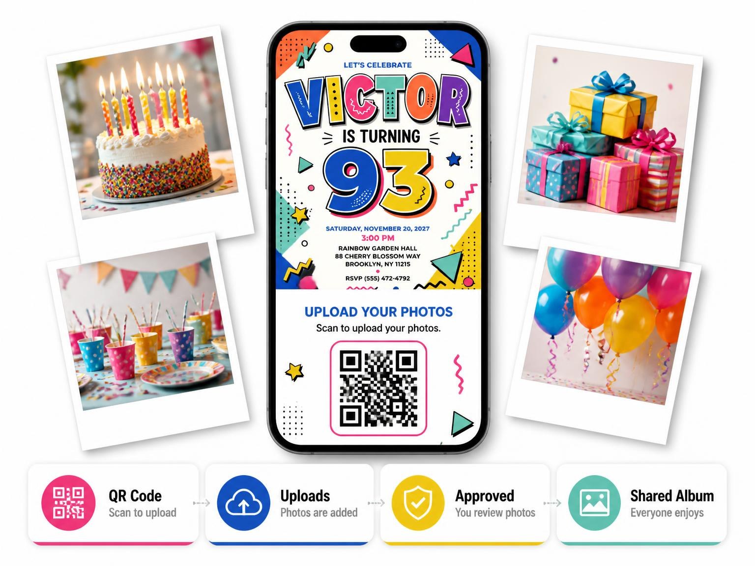 The shared photo gallery that comes with the Memphis Pop 93rd Birthday Invitation invitation