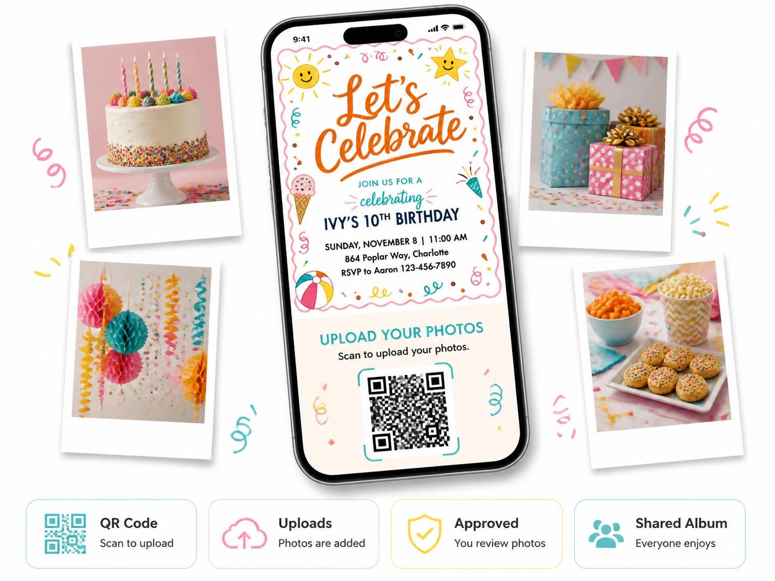 The shared photo gallery that comes with the Bright Icon Playful 10th Birthday Invitation invitation