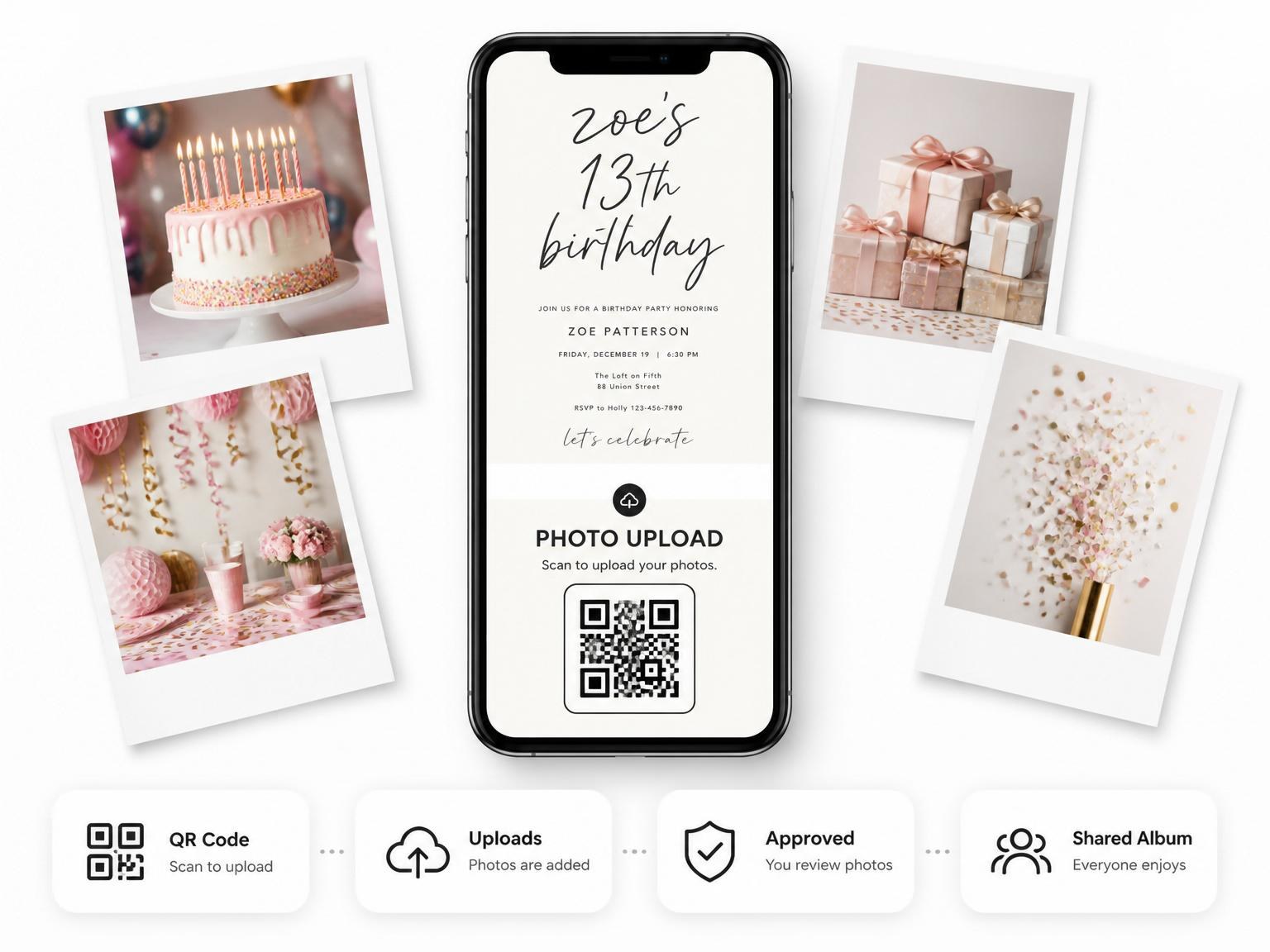 The shared photo gallery that comes with the Minimalist Black and White 13th Birthday Invitation invitation
