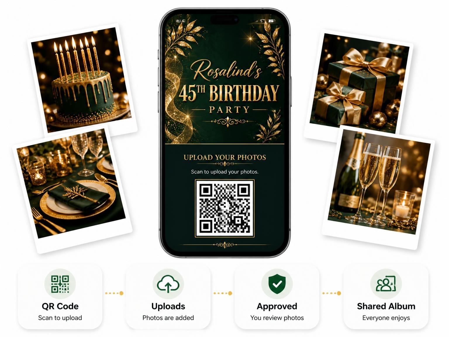 The shared photo gallery that comes with the Emerald and Champagne 45th Birthday Invitation invitation