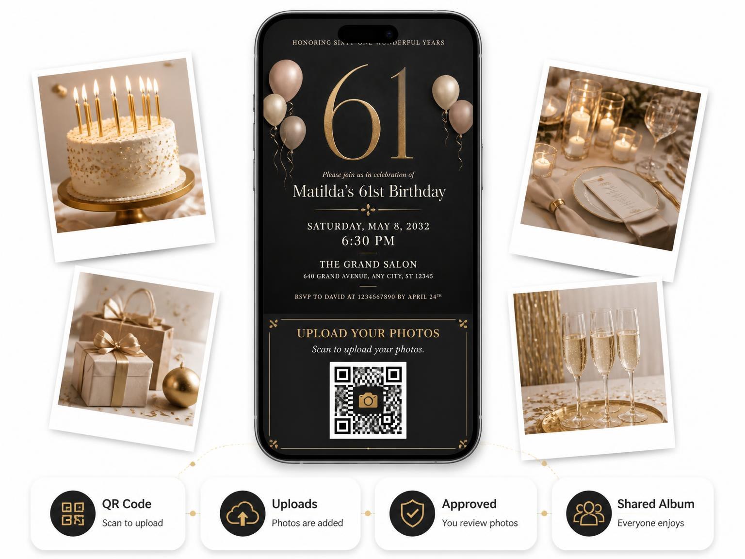 The shared photo gallery that comes with the Charcoal and Blush 61st Birthday Invitation invitation