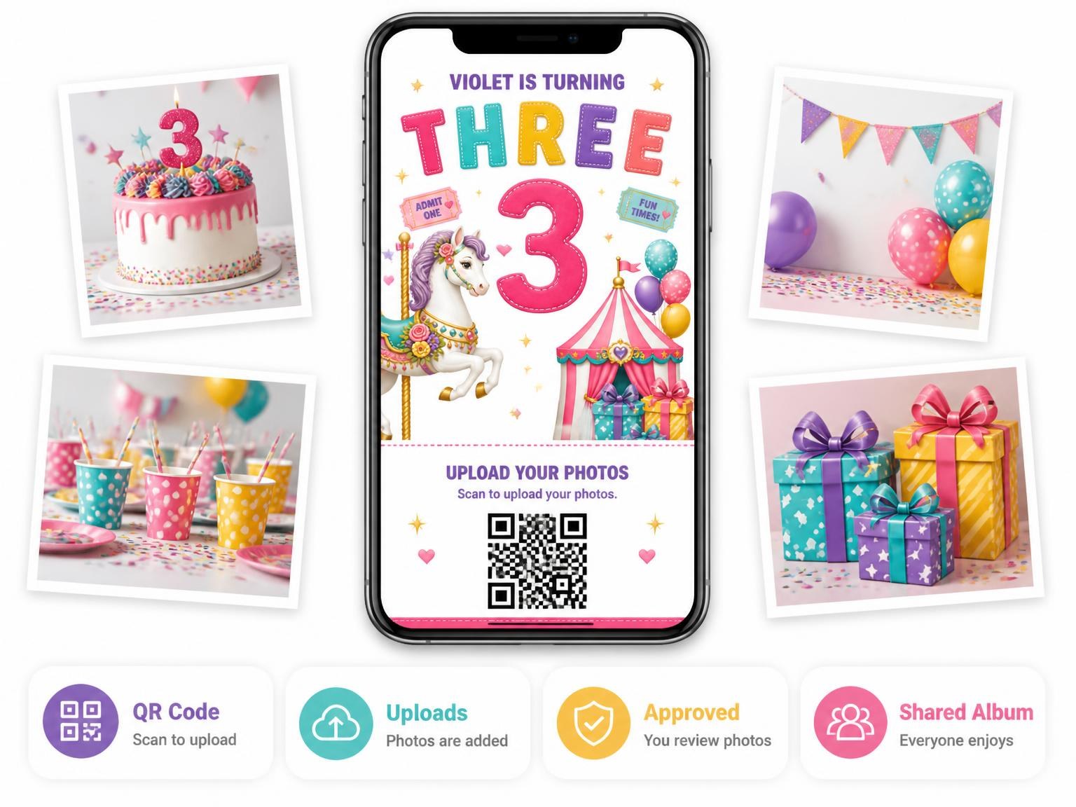 The shared photo gallery that comes with the Stitched Carousel 3rd Birthday Invitation invitation