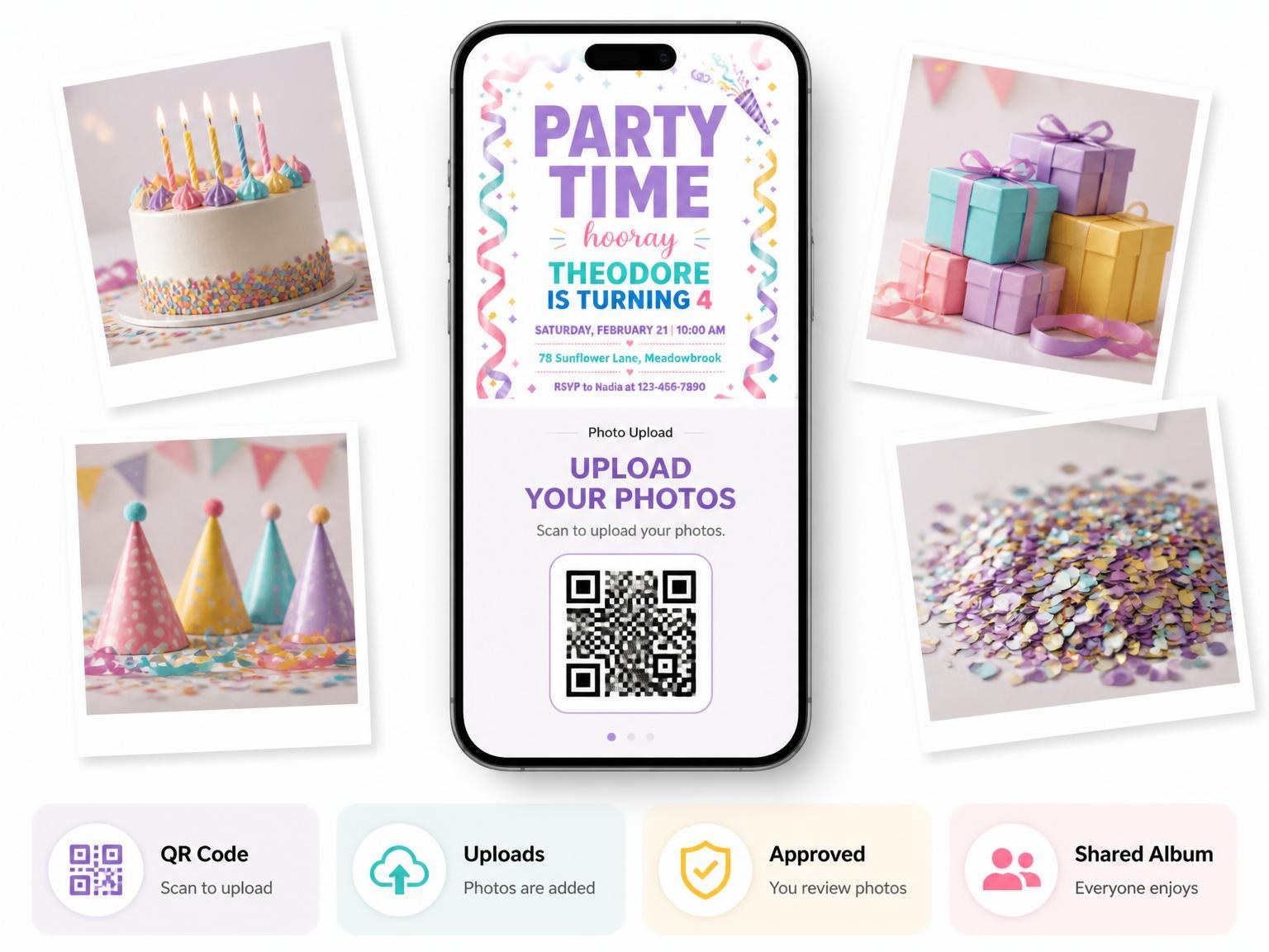 The shared photo gallery that comes with the Pastel Streamer Confetti Birthday Invitation invitation