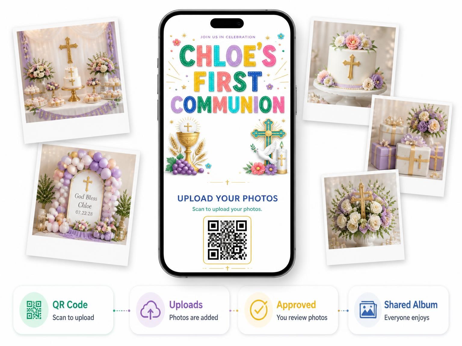 The shared photo gallery that comes with the Ornate Cross First Communion Invitation invitation