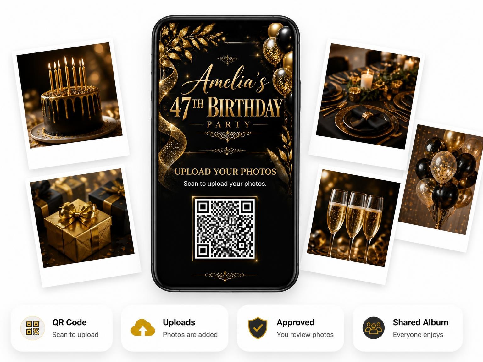 The shared photo gallery that comes with the Black and Gold 47th Birthday Invitation invitation