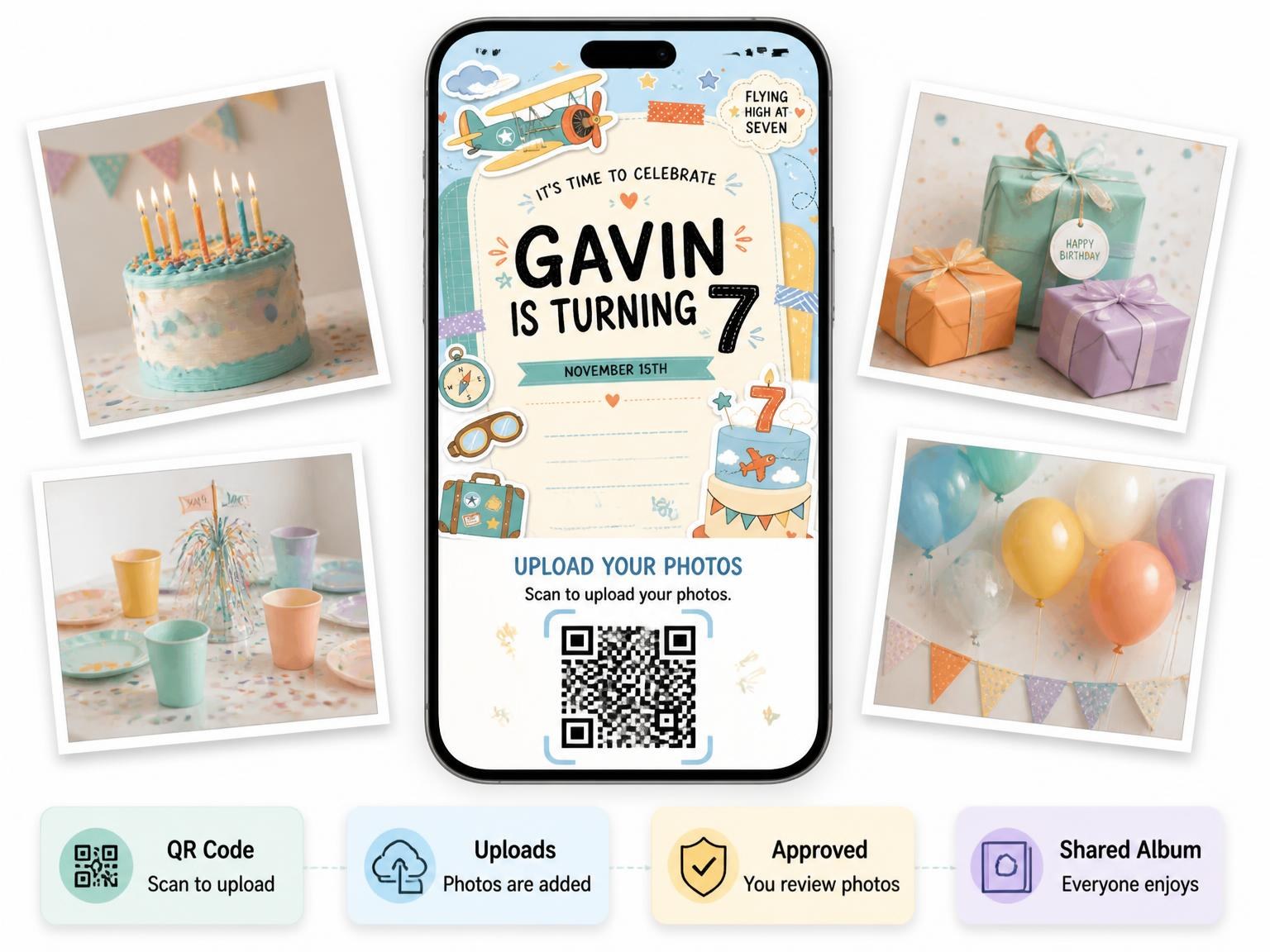 The shared photo gallery that comes with the Vintage Biplane Pastel 7th Birthday Invitation invitation