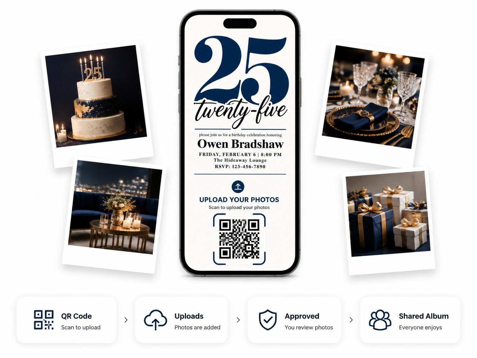 The shared photo gallery that comes with the Navy Bold Typography Milestone Birthday invitation