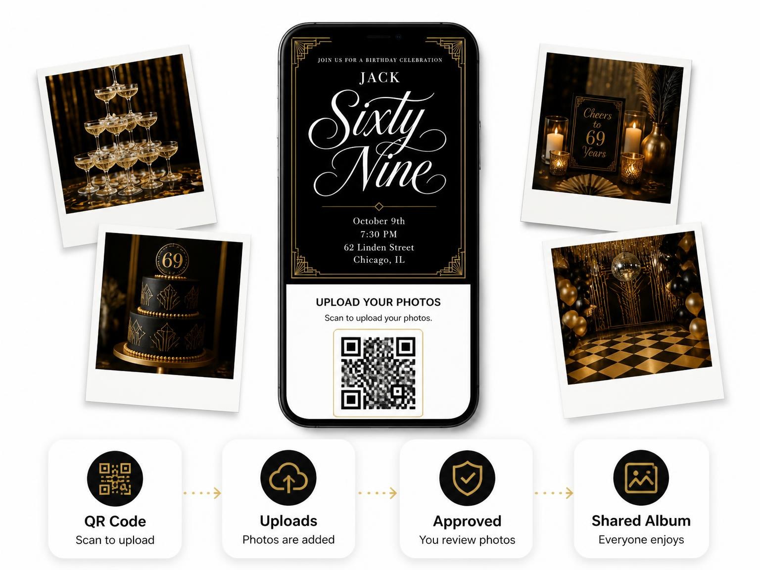The shared photo gallery that comes with the Art Deco 69th Birthday Invitation invitation