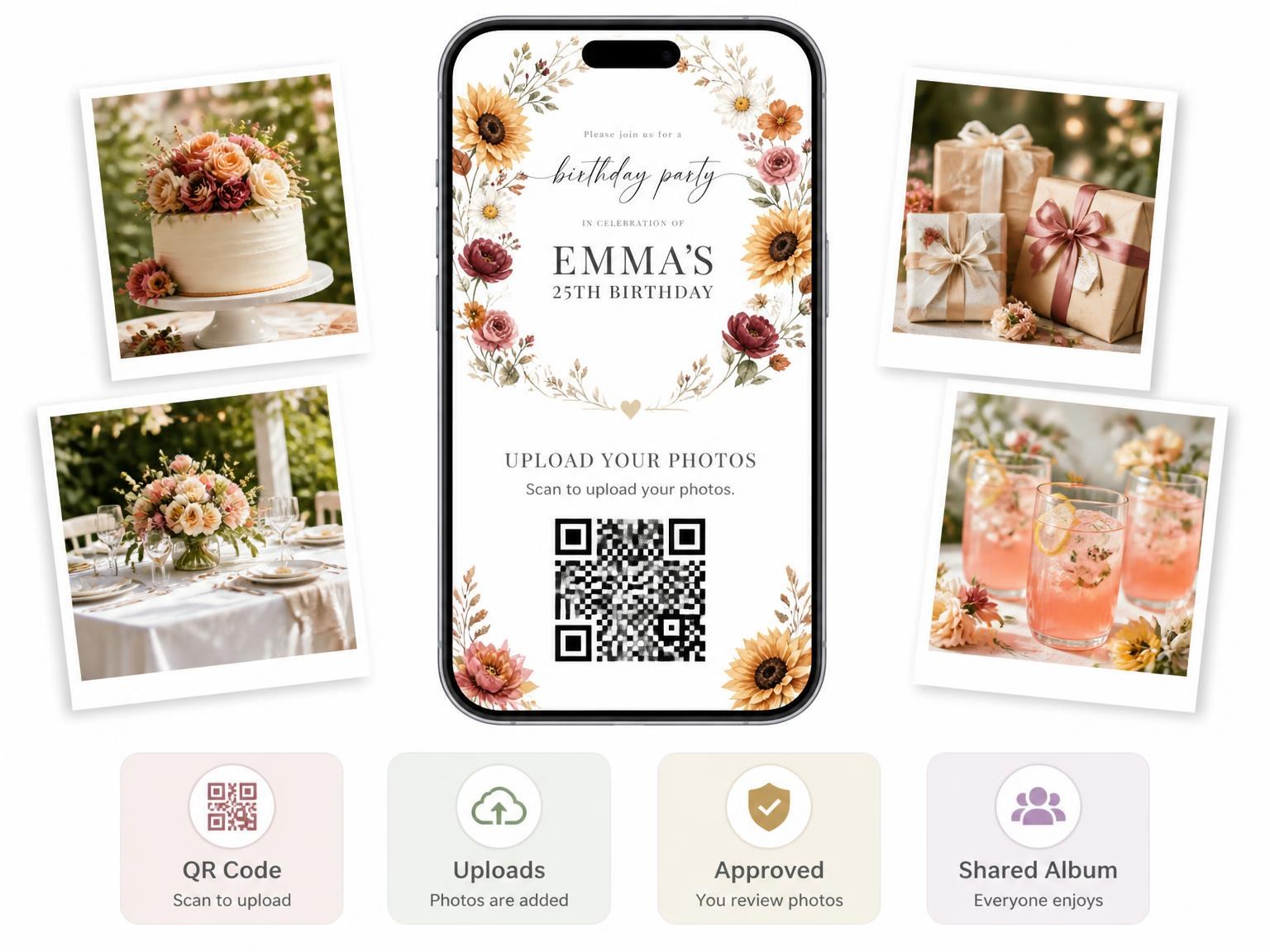 The shared photo gallery that comes with the Wildflower Garden Autumn 25th Birthday Invitation invitation