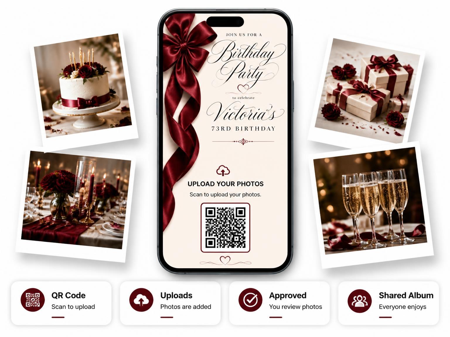 The shared photo gallery that comes with the Burgundy Satin Bow 73rd Birthday Invitation invitation