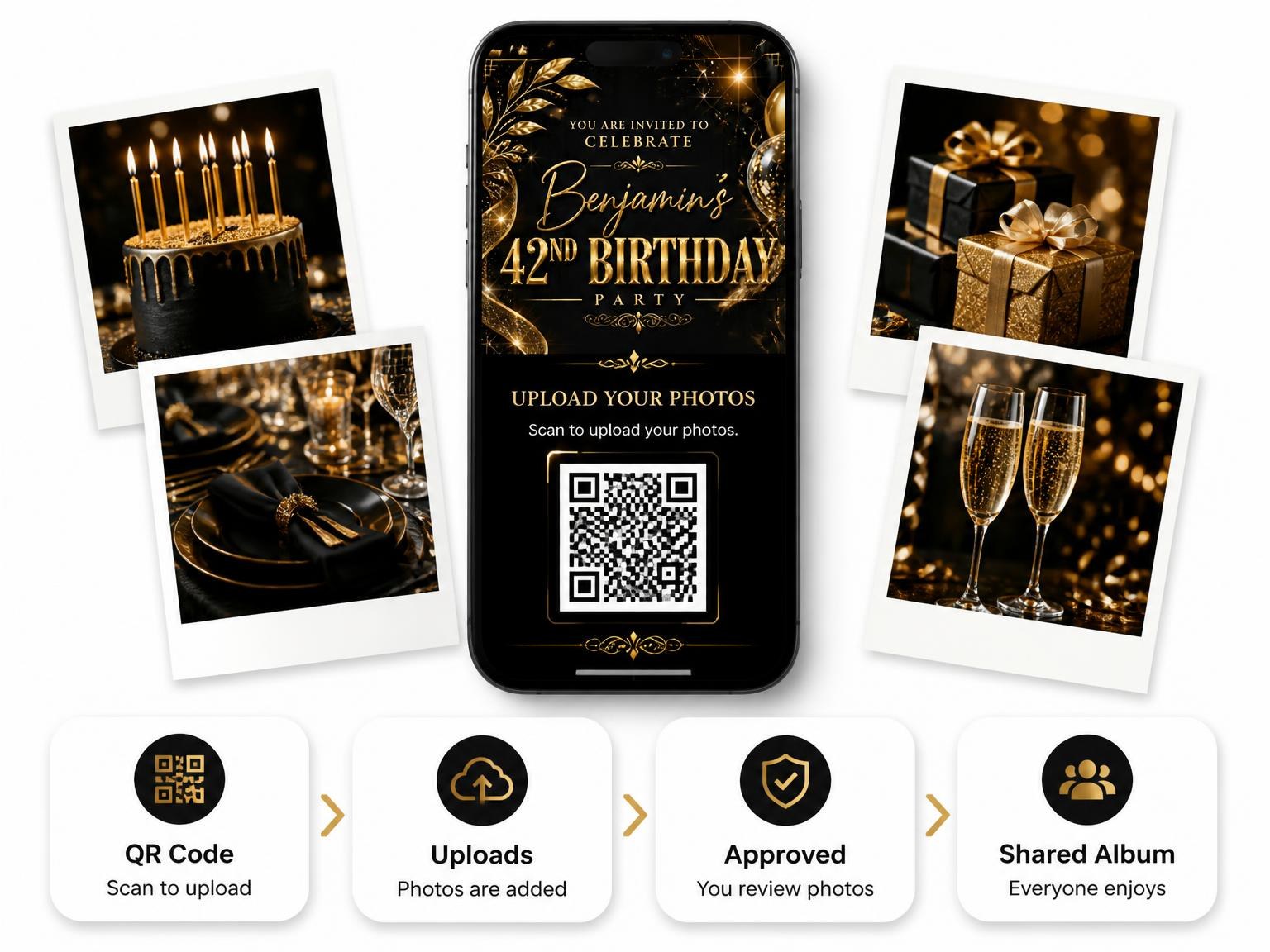 The shared photo gallery that comes with the Black and Gold 42nd Birthday Invitation invitation