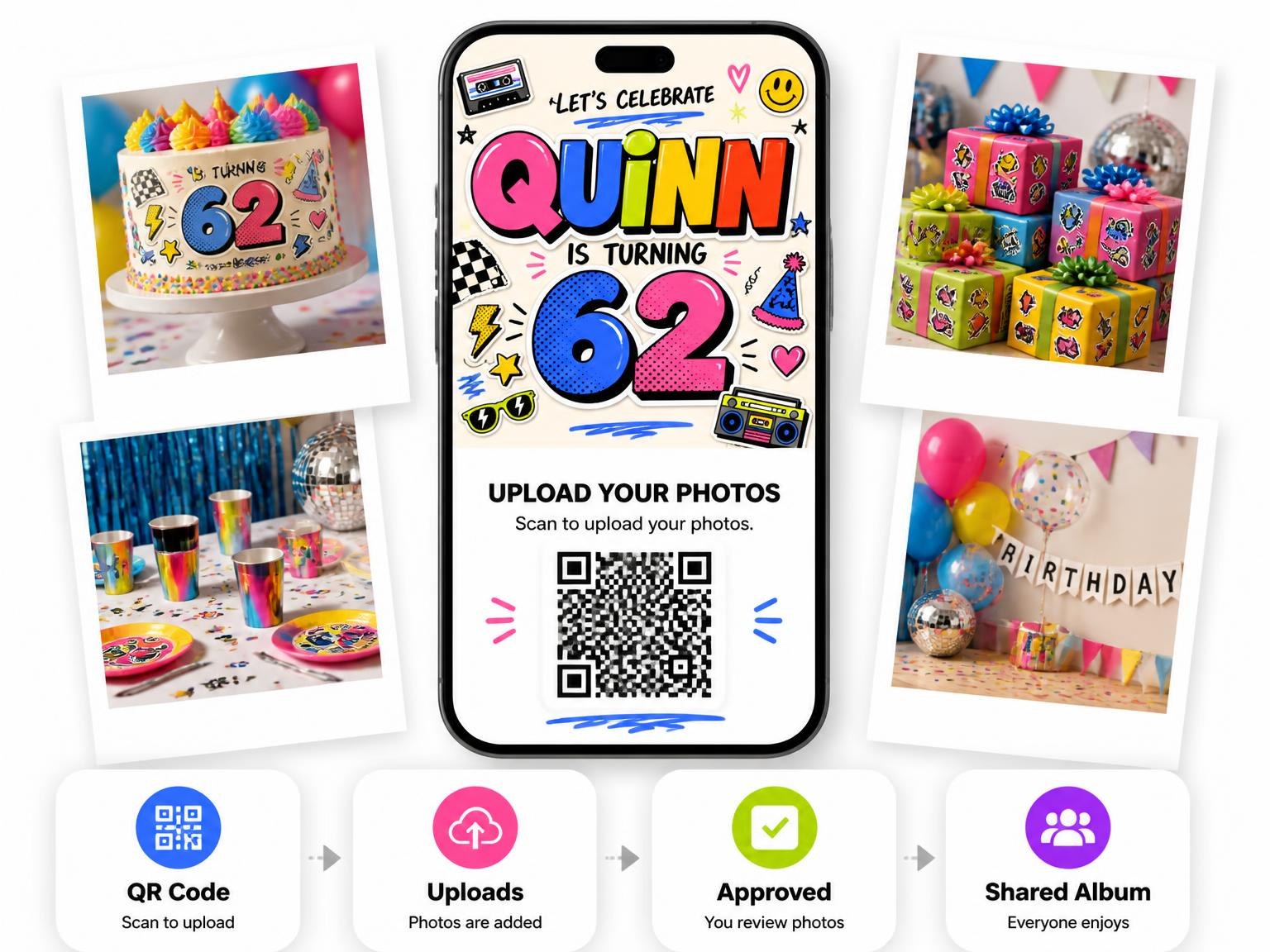The shared photo gallery that comes with the Sticker Pop 62nd Birthday Invitation invitation