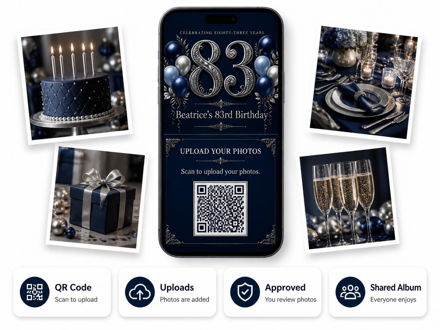 The shared photo gallery that comes with the Navy and Silver 83rd Birthday Invitation invitation