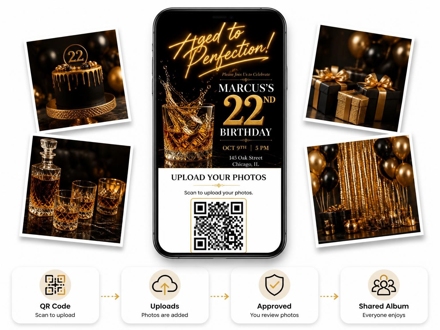 The shared photo gallery that comes with the Whiskey Aged 22nd Birthday Invitation invitation