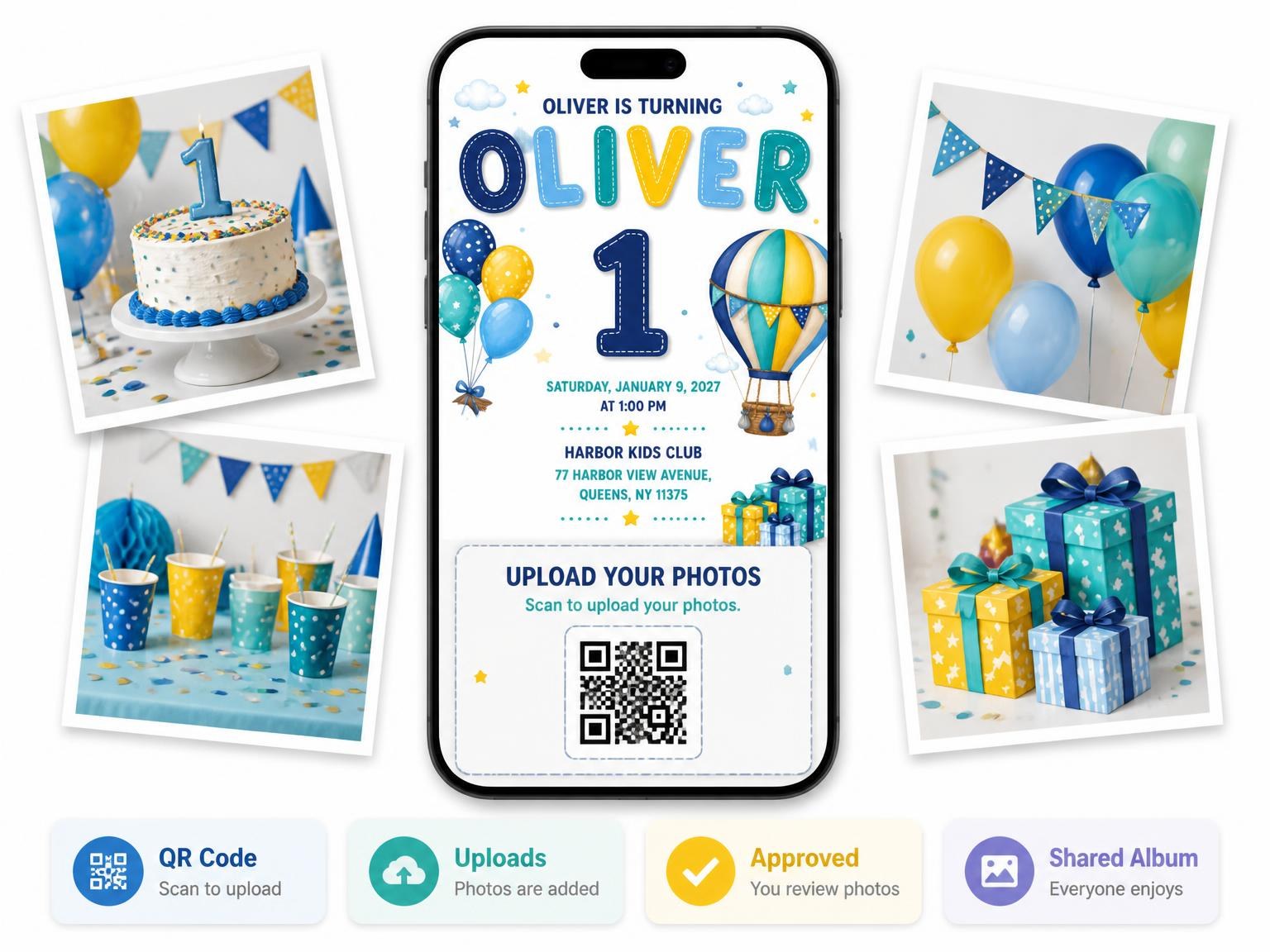 The shared photo gallery that comes with the Bunch Balloons Stitched 1st Birthday Invitation invitation