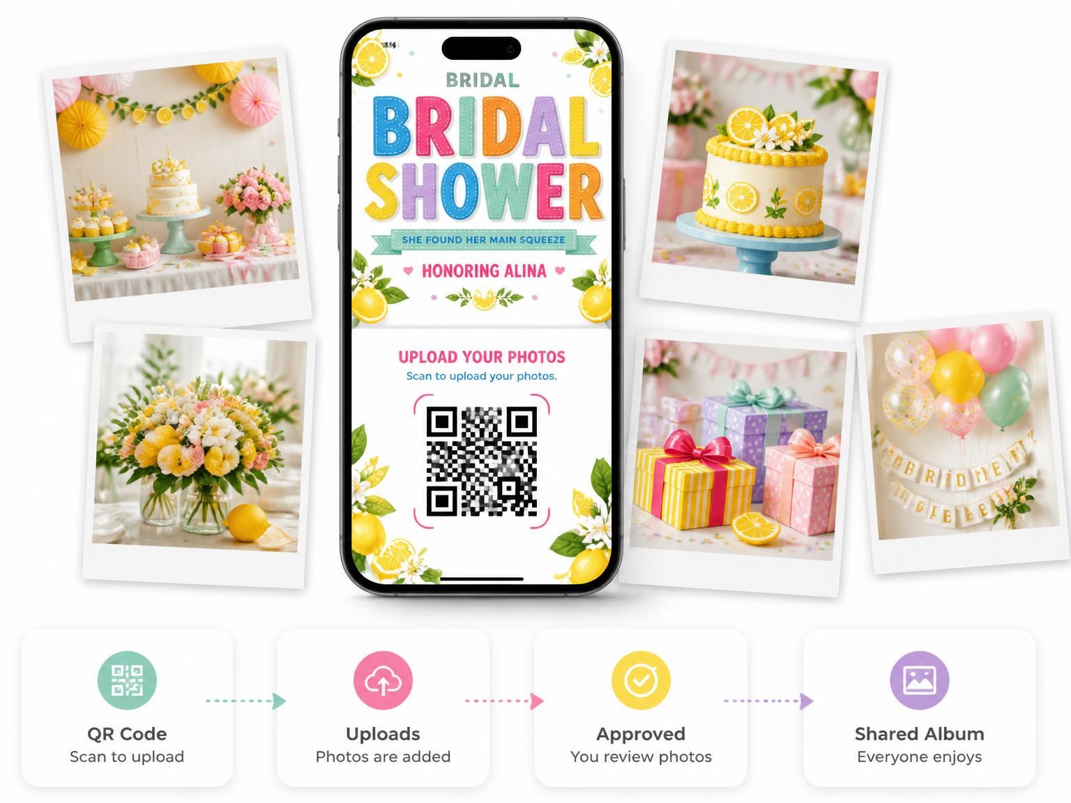 The shared photo gallery that comes with the Lemon Cake Bridal Shower Invitation invitation