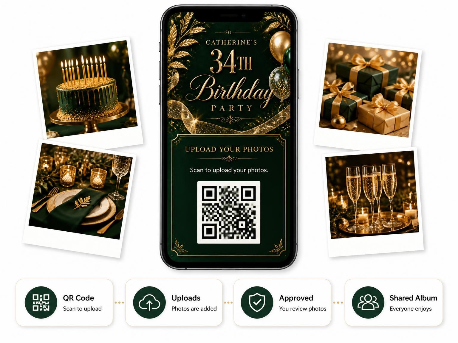 The shared photo gallery that comes with the Emerald and Champagne 34th Birthday Invitation invitation