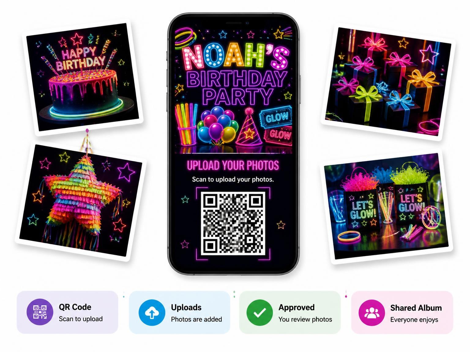 The shared photo gallery that comes with the Neon Glow Party 6th Birthday Invitation invitation