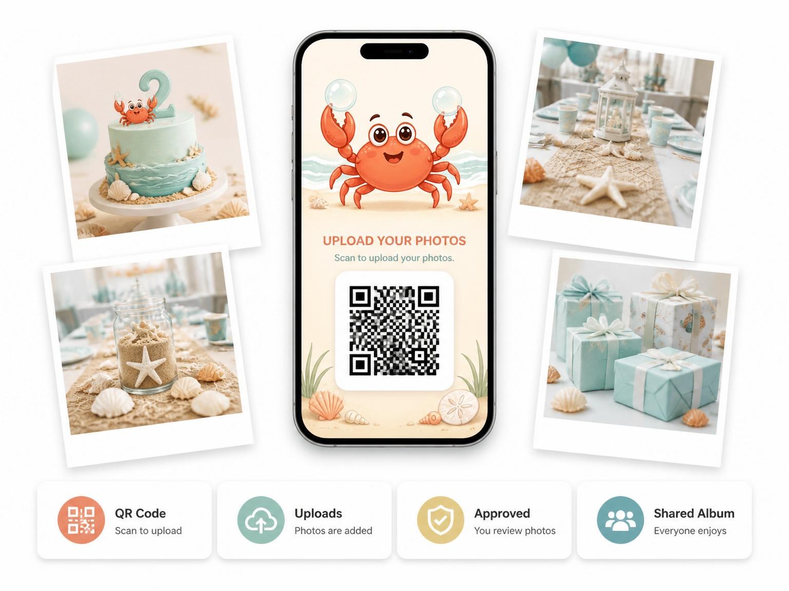 The shared photo gallery that comes with the Cartoon Crab Beach 2nd Birthday invitation