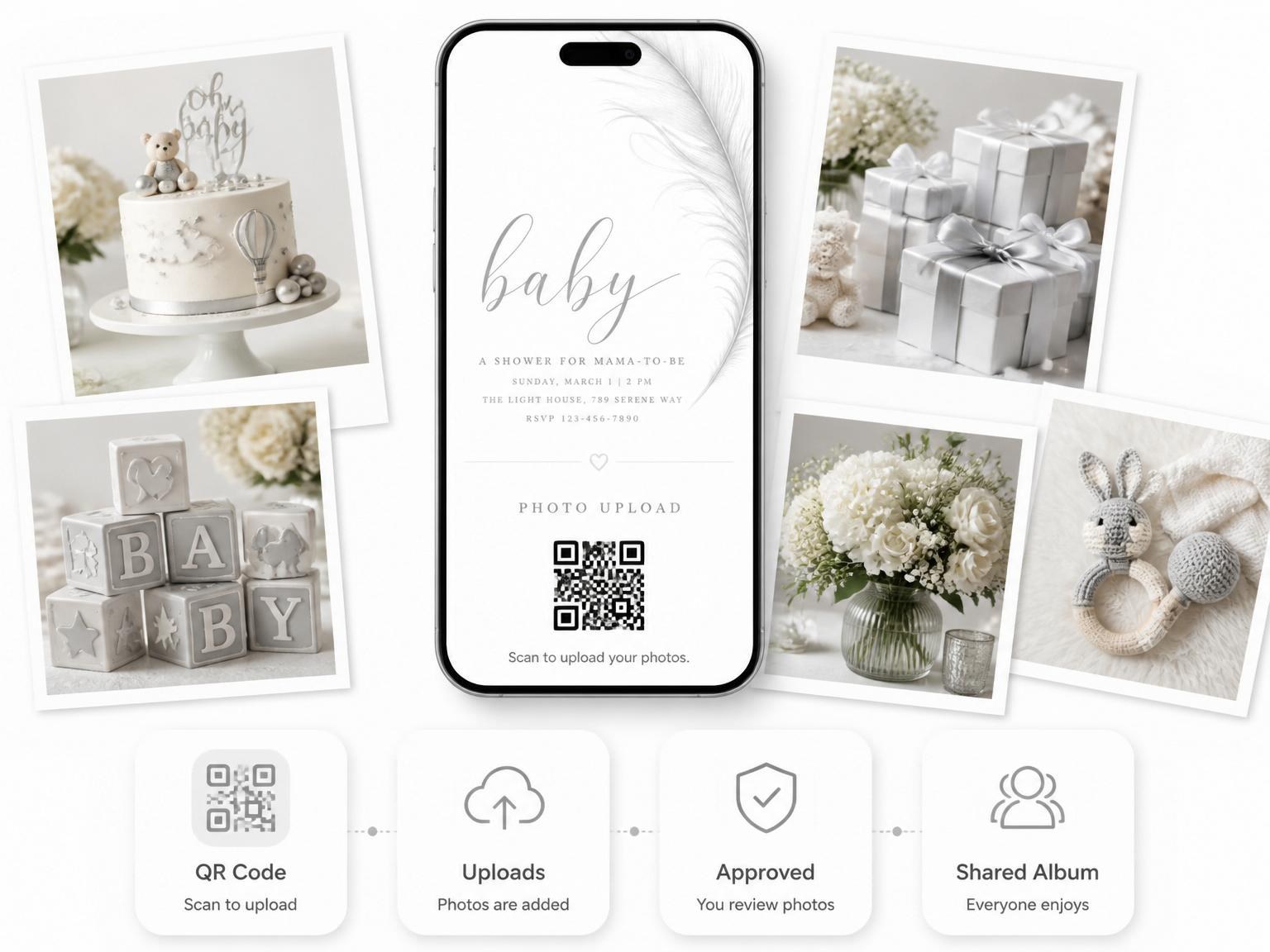 The shared photo gallery that comes with the Minimalist Grey Feather Baby Shower invitation