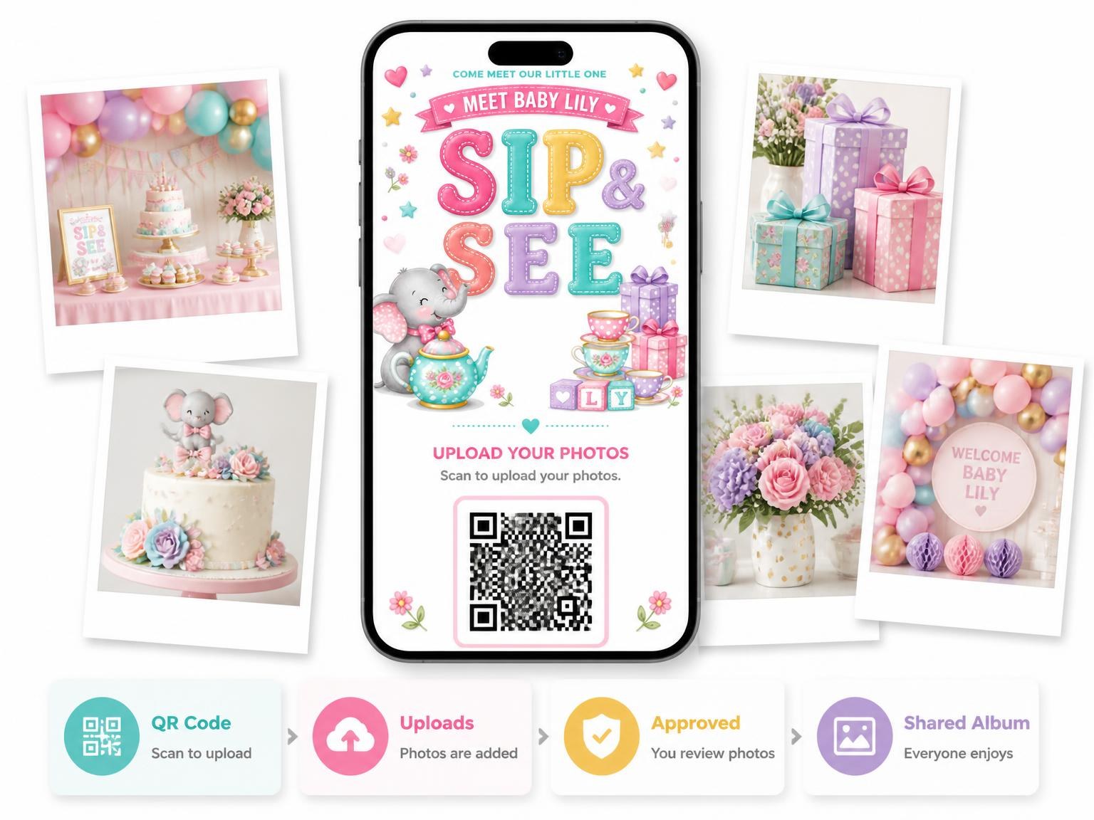 The shared photo gallery that comes with the Tea Party Sip and See Invitation invitation