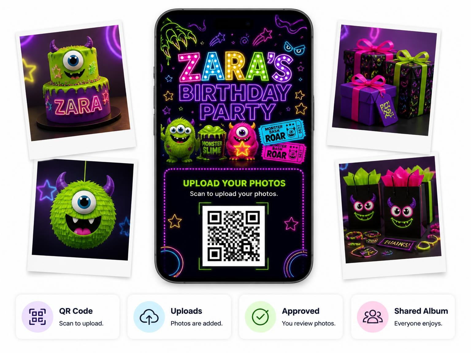 The shared photo gallery that comes with the Neon Monster 4th Birthday Invitation invitation