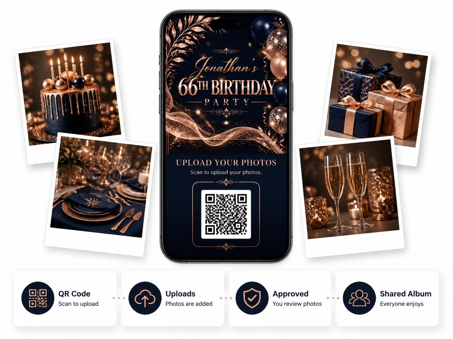 The shared photo gallery that comes with the Navy and Rose Gold 66th Birthday Invitation invitation