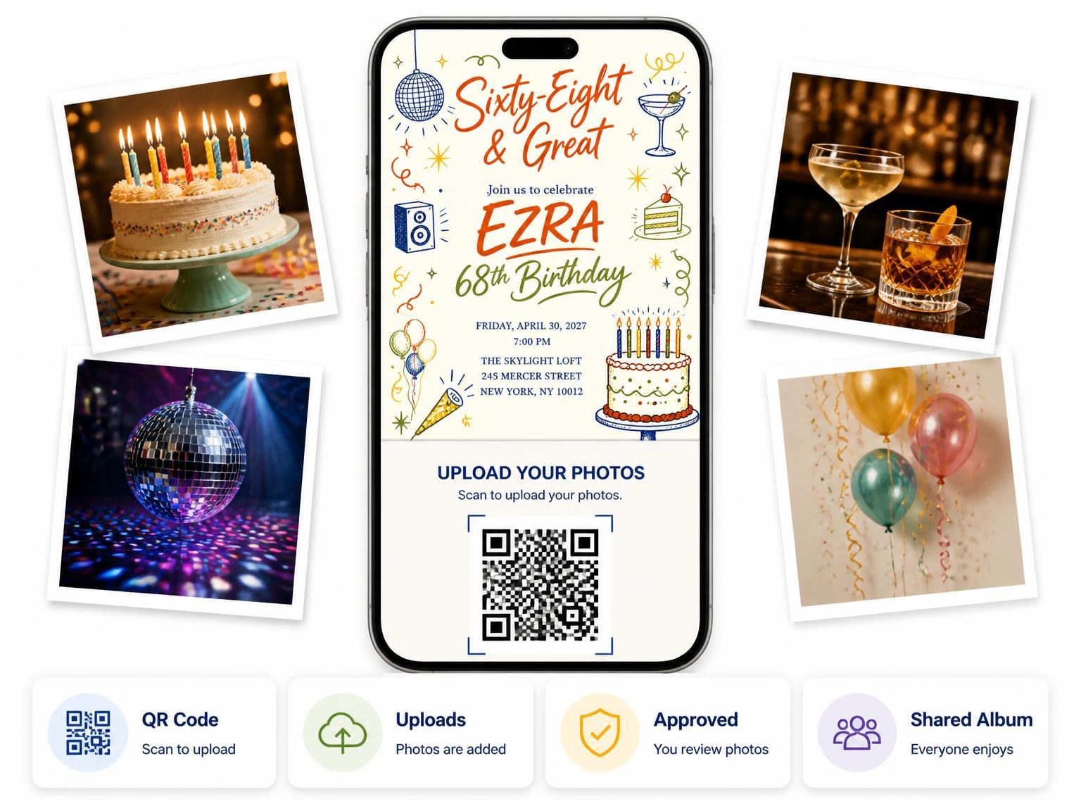 The shared photo gallery that comes with the Retro Doodle 68th Birthday Invitation invitation