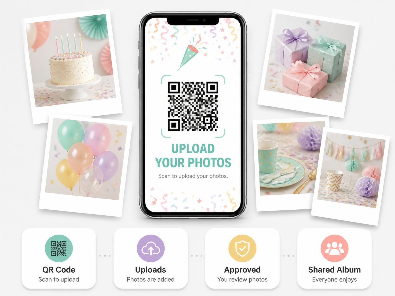 The shared photo gallery that comes with the Confetti Star Party Poppers 6th Birthday invitation