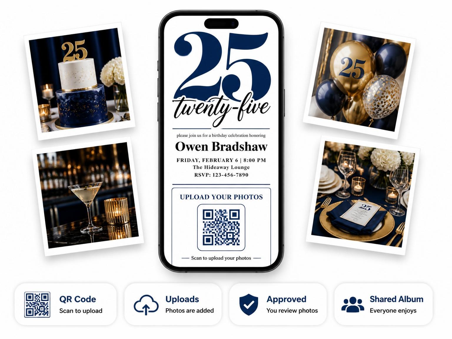 The shared photo gallery that comes with the Navy Bold Typography Milestone Birthday invitation