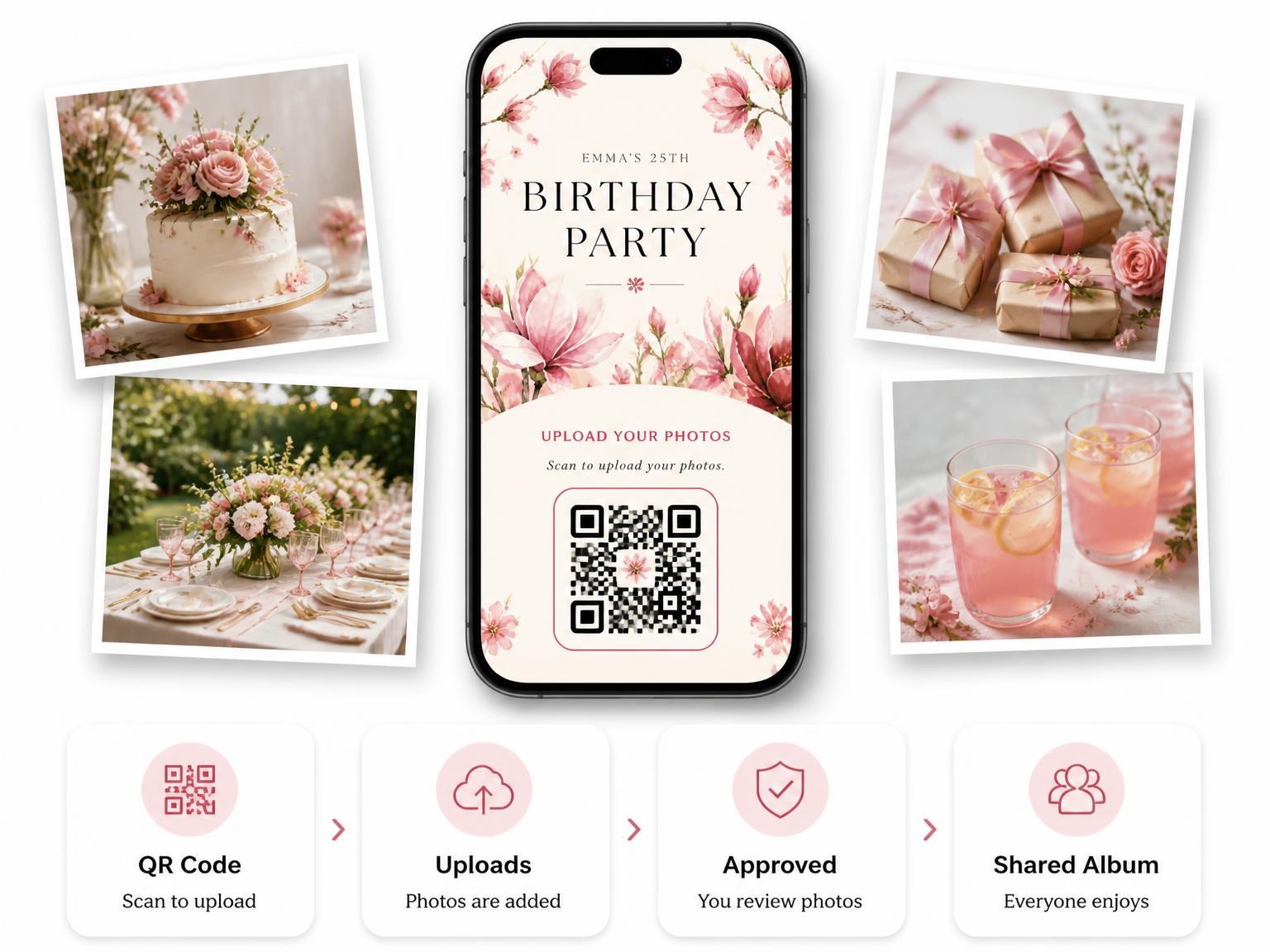 The shared photo gallery that comes with the Fuchsia Cherry Blossoms 25th Birthday Invitation invitation