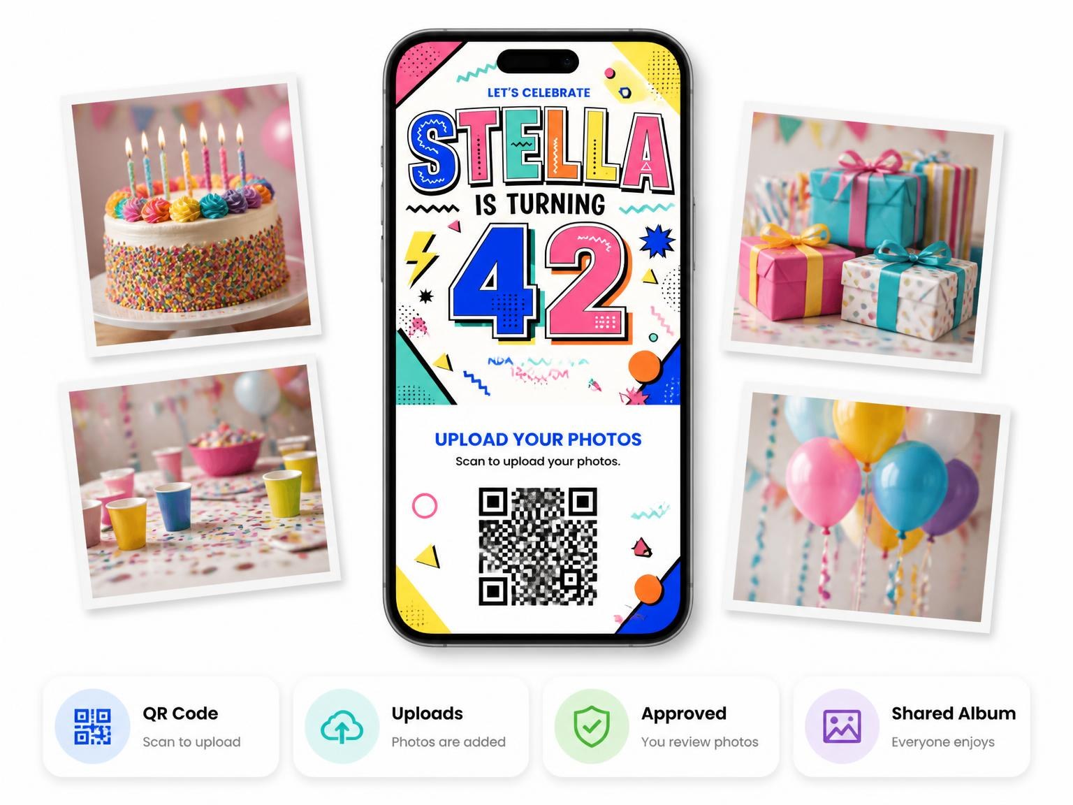 The shared photo gallery that comes with the Memphis Pop 42nd Birthday Invitation invitation