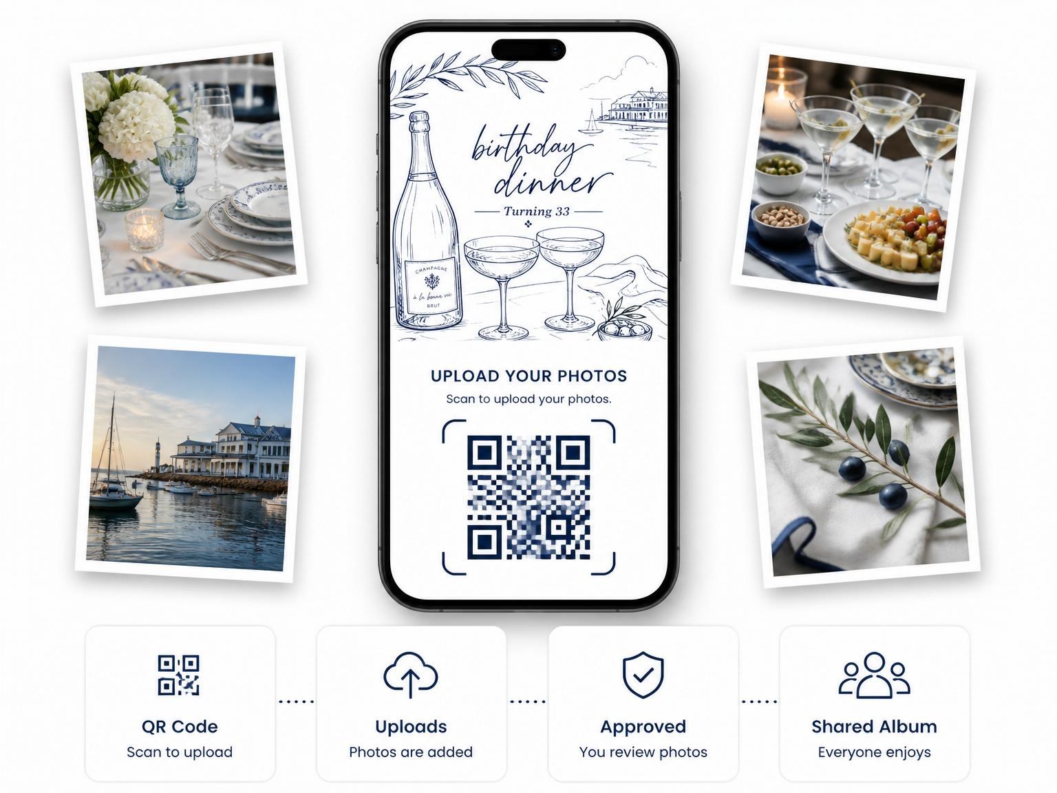 The shared photo gallery that comes with the Navy Ink Champagne 33rd Birthday Dinner invitation