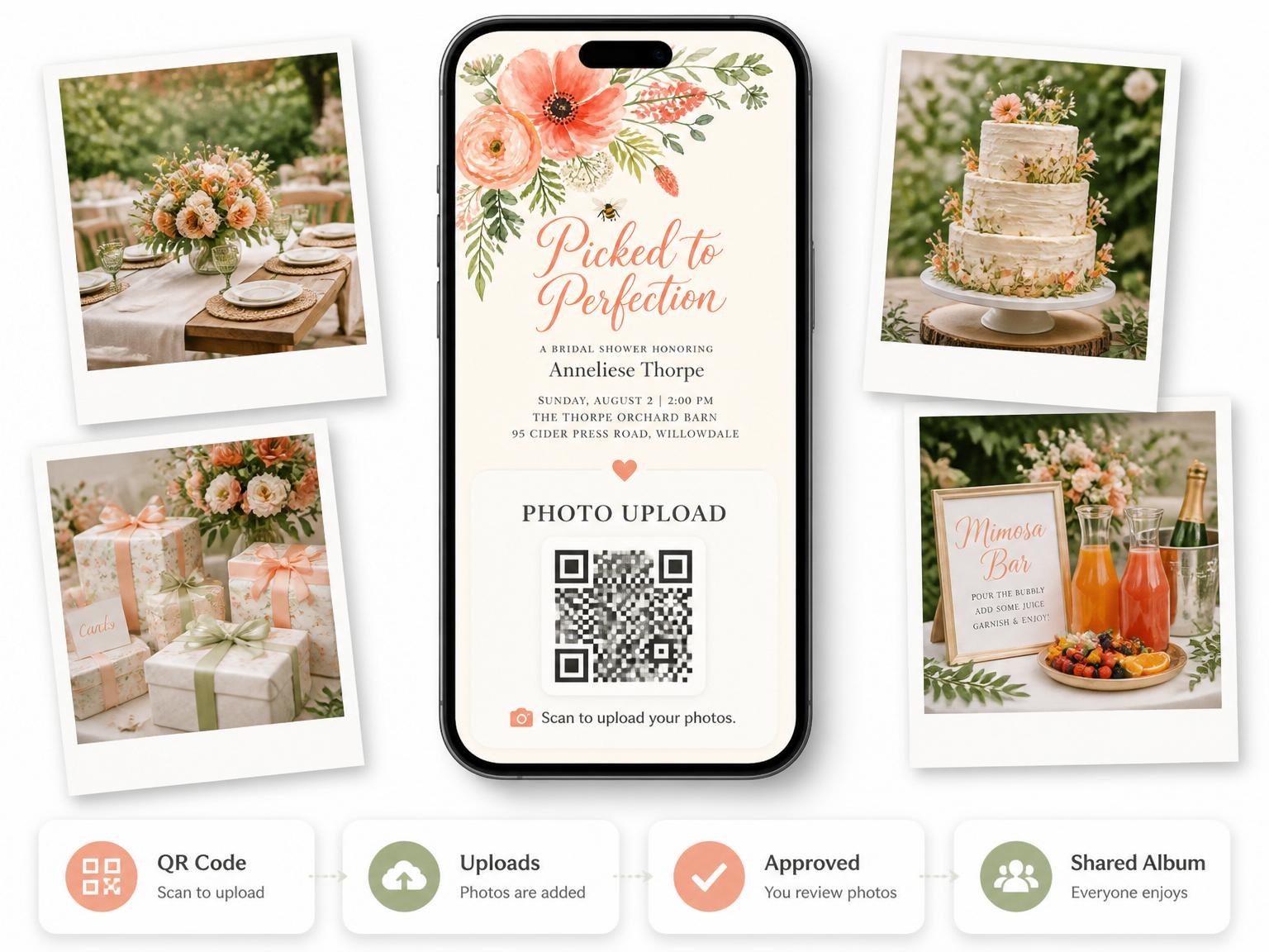 The shared photo gallery that comes with the Watercolor Honeybee Floral Bridal Shower invitation