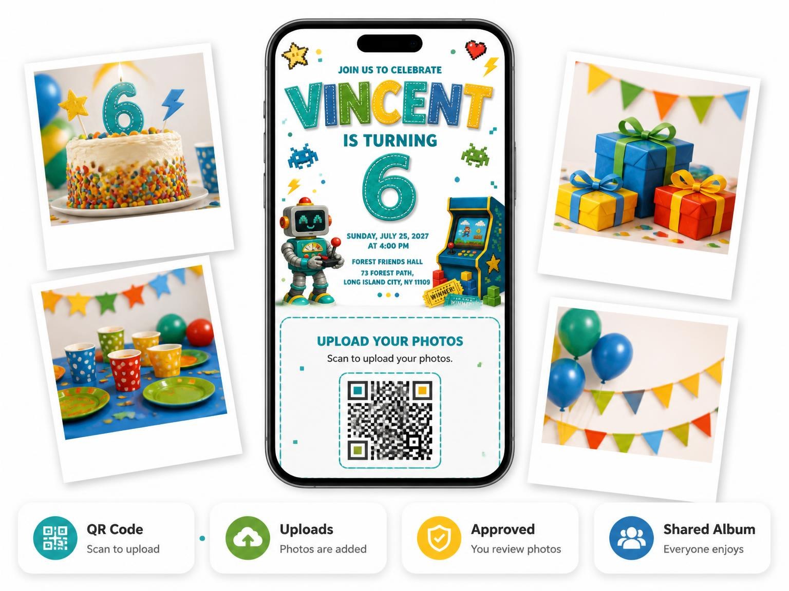 The shared photo gallery that comes with the Robot Stitched 6th Birthday Invitation invitation