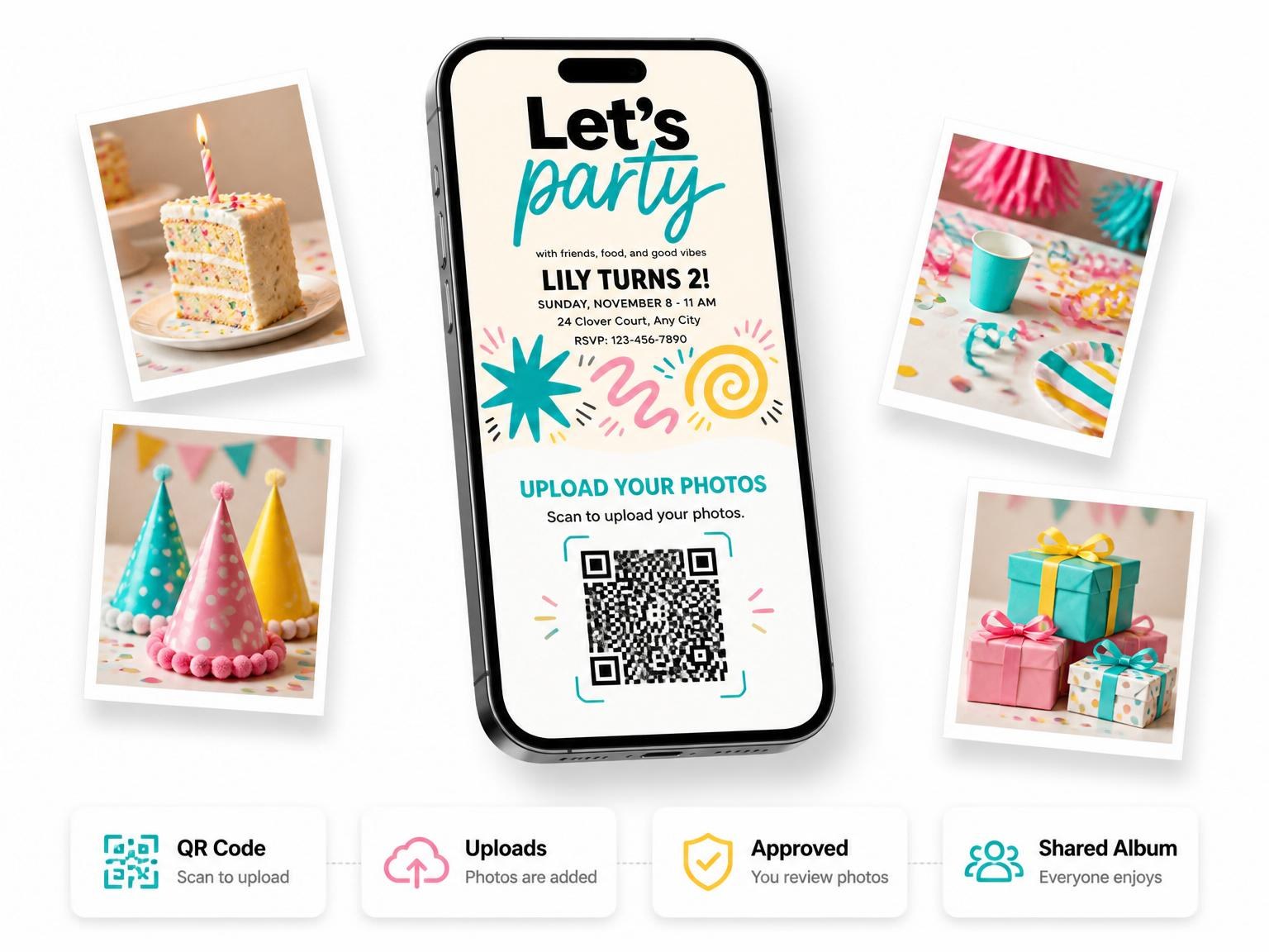 The shared photo gallery that comes with the Teal Pink Doodle 2nd Birthday Invitation invitation