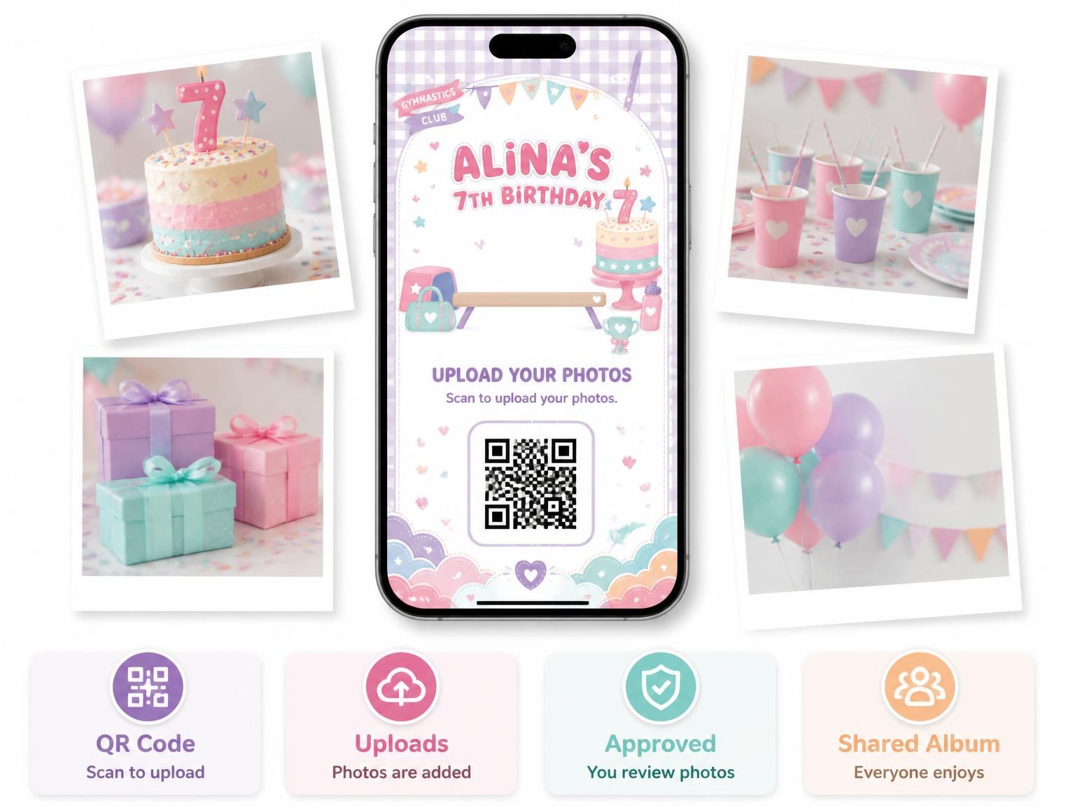The shared photo gallery that comes with the Kawaii Gymnast 7th Birthday Invitation invitation