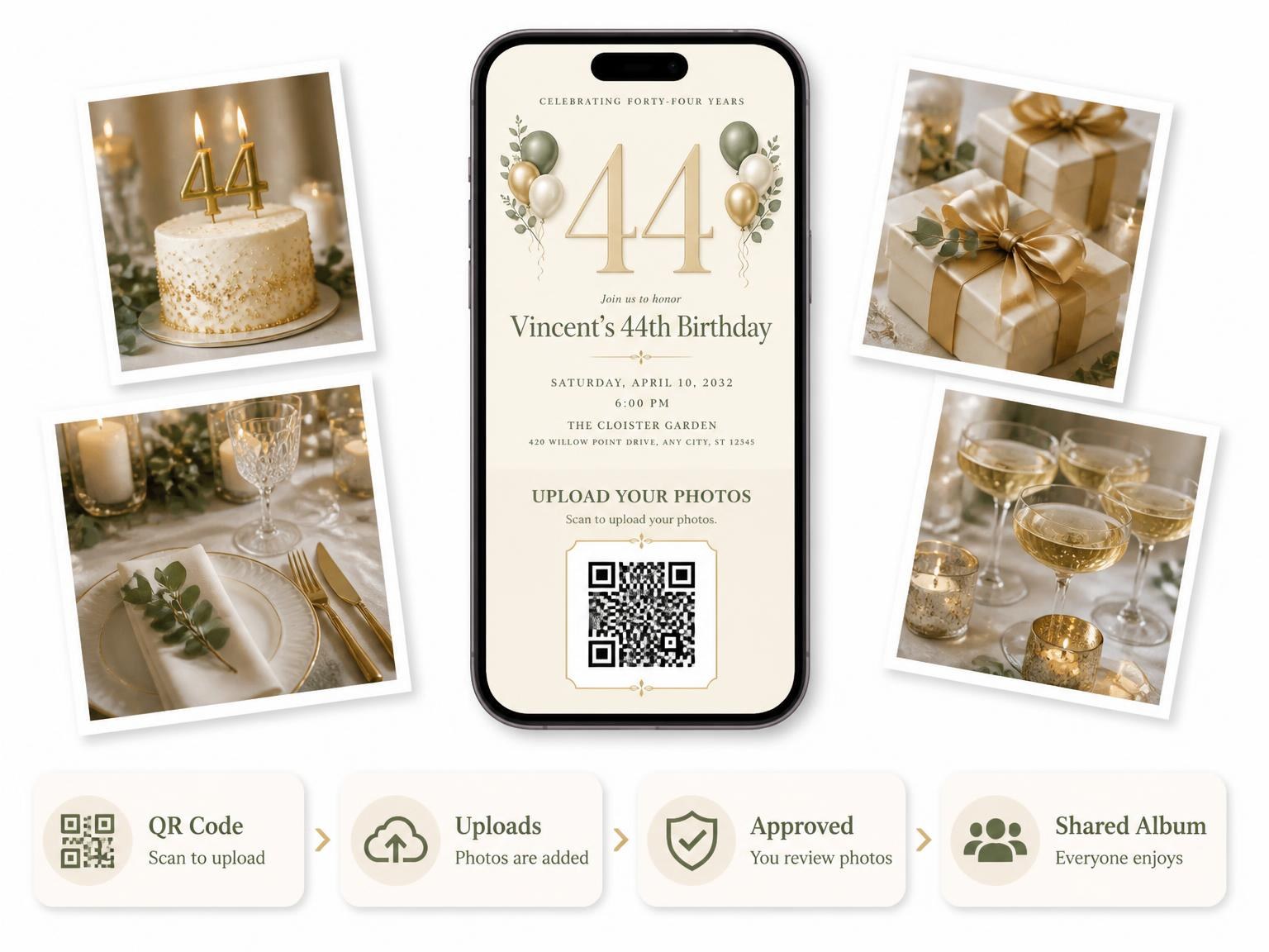 The shared photo gallery that comes with the Sage and Ivory 44th Birthday Invitation invitation