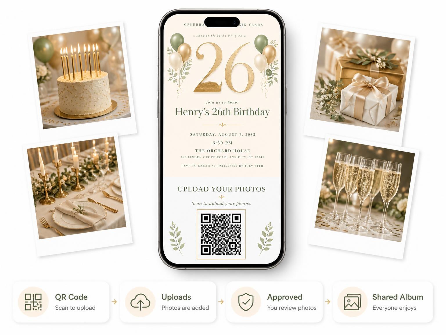 The shared photo gallery that comes with the Sage and Ivory 26th Birthday Invitation invitation