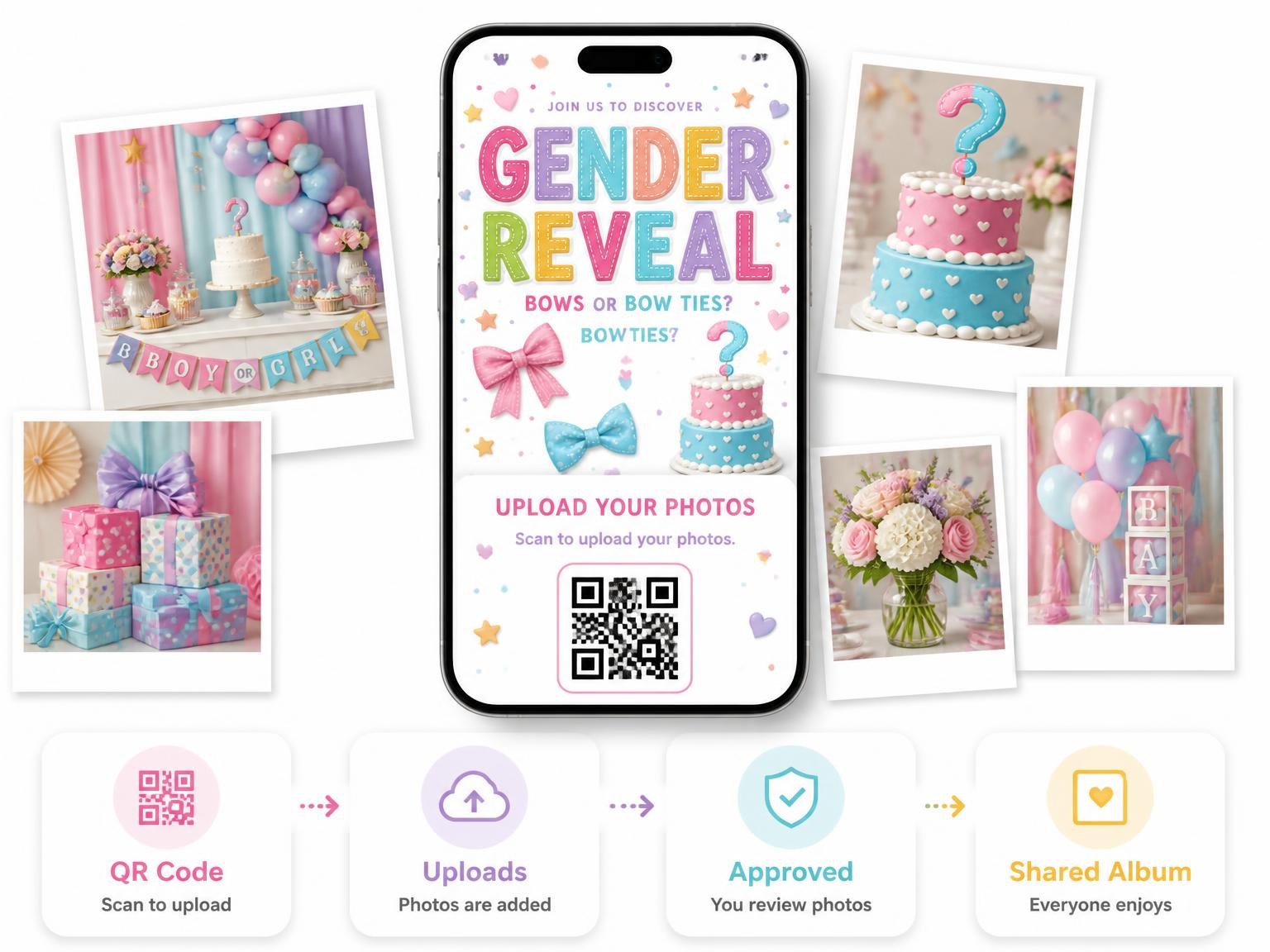 The shared photo gallery that comes with the Fabric Bow Gender Reveal Invitation invitation