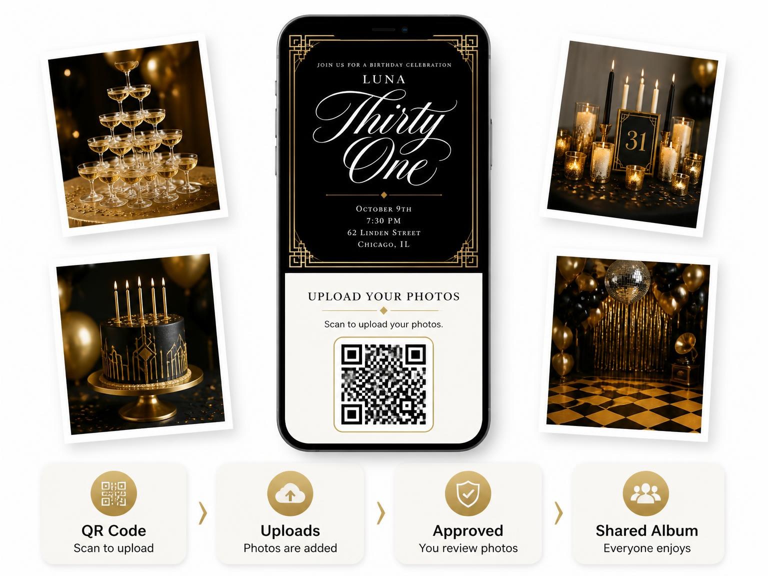 The shared photo gallery that comes with the Art Deco 31st Birthday Invitation invitation