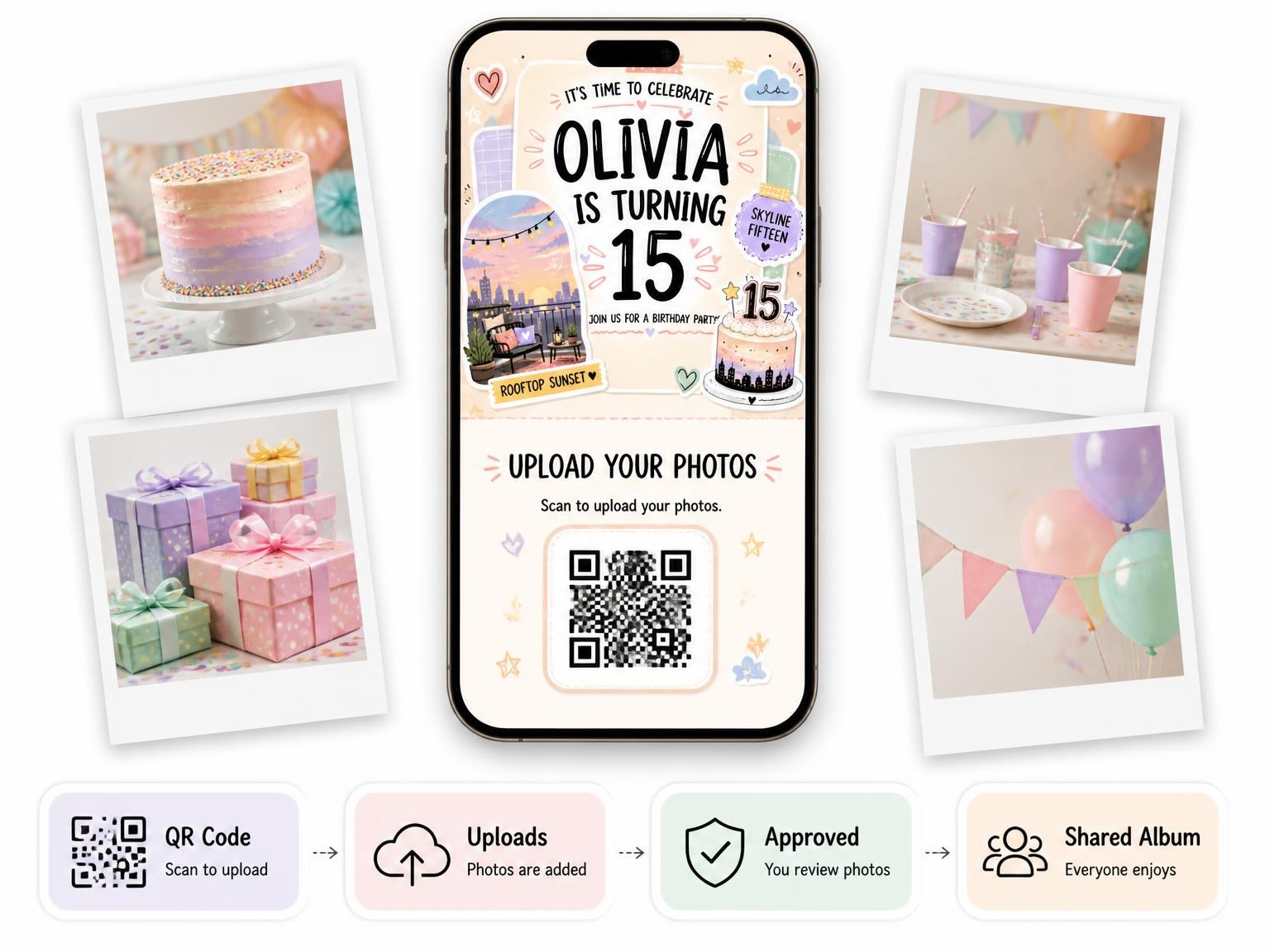 The shared photo gallery that comes with the Terrace Sunset Pastel 15th Birthday Invitation invitation
