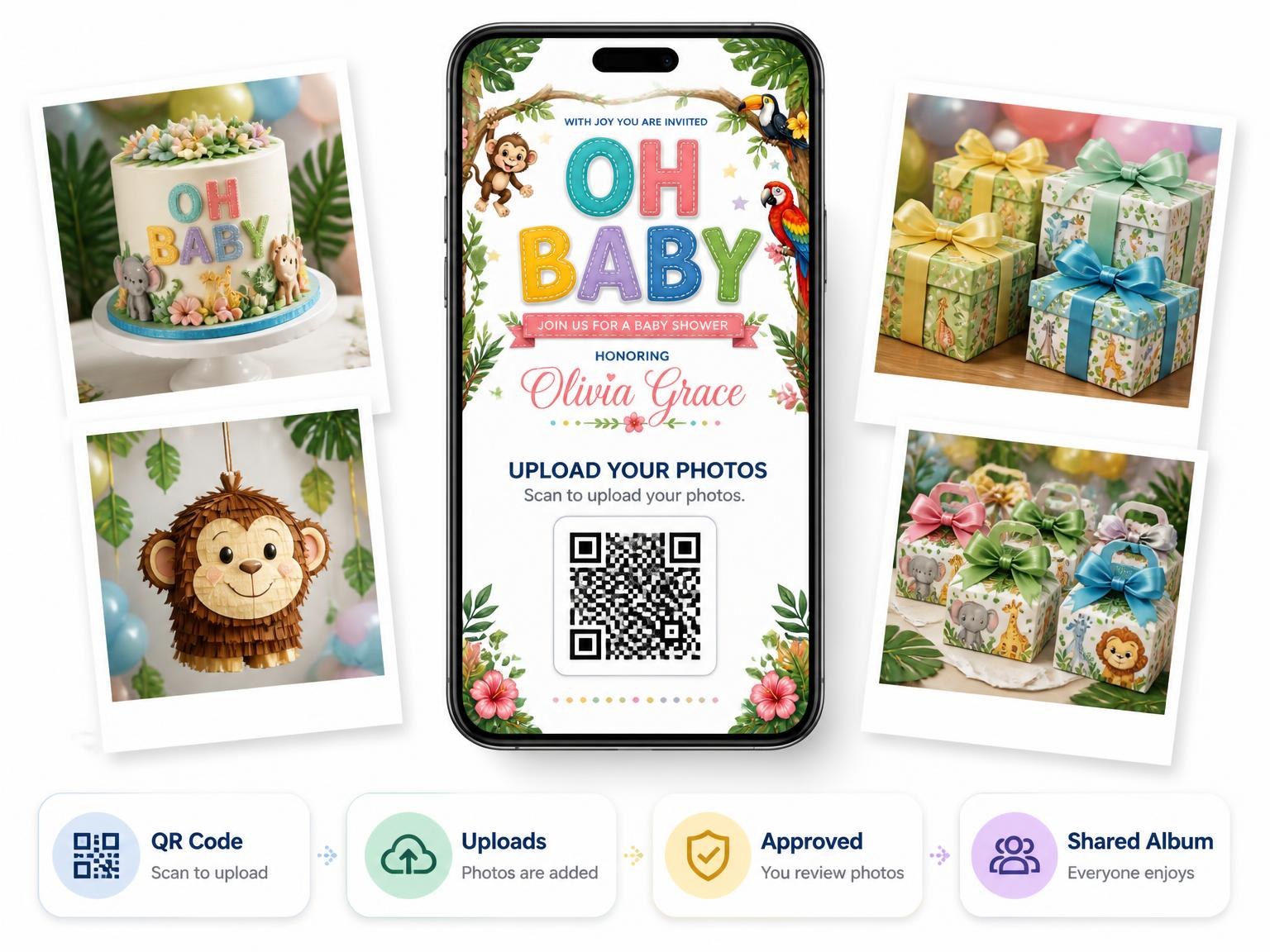 The shared photo gallery that comes with the Tree Branch Baby Shower Invitation invitation